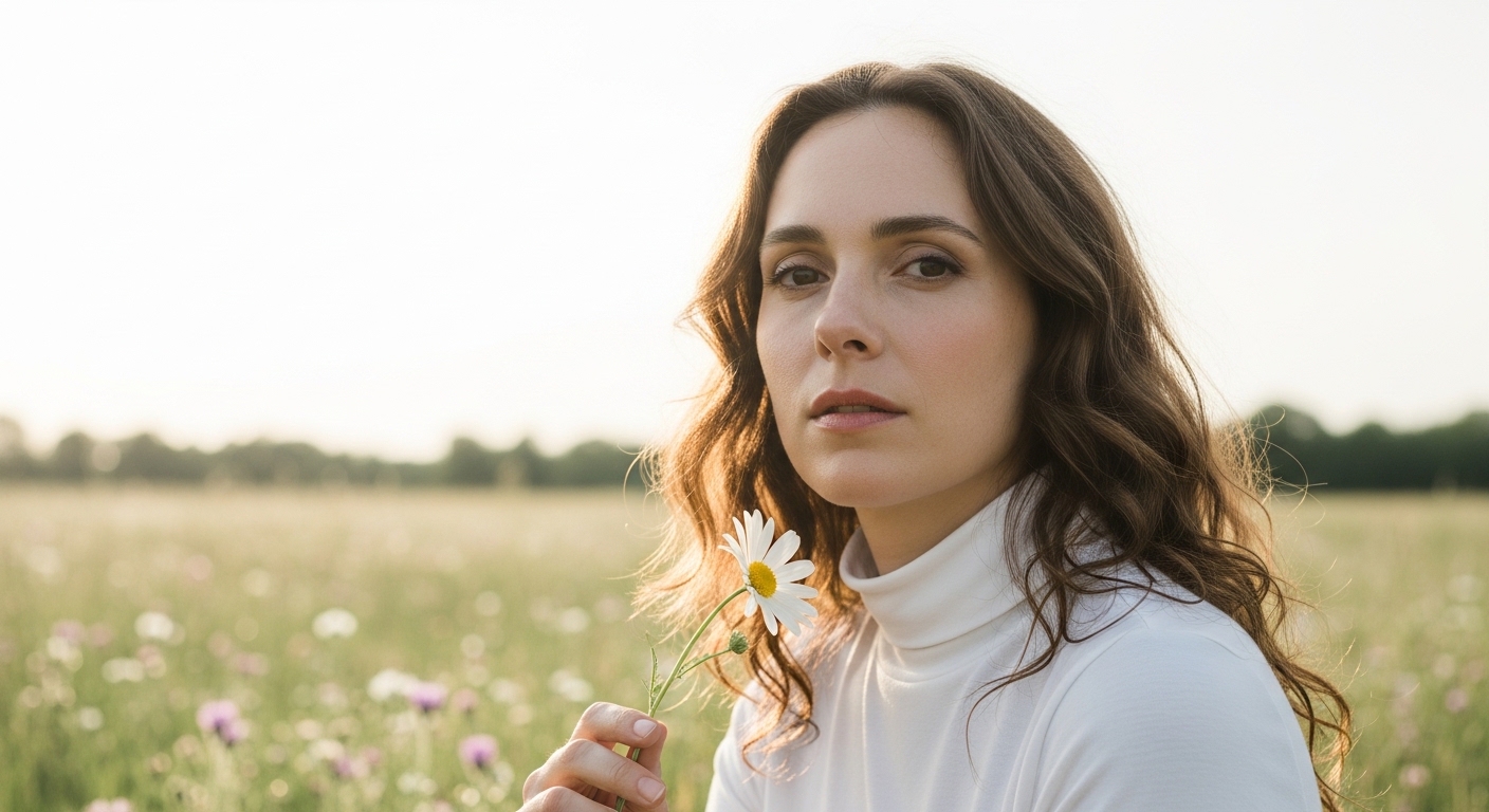 Mulher em momento de introspecção em um campo florido